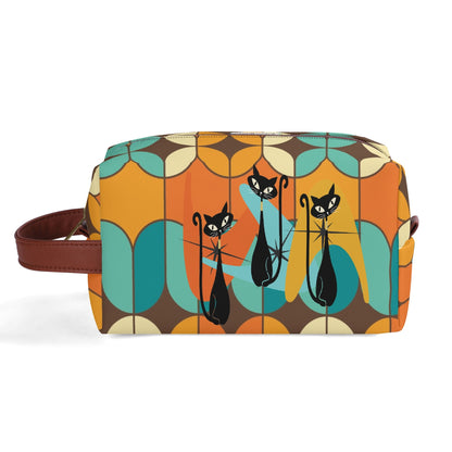 Atomic Kitschy Cats, Retro Orange, Teal Geometric Travel Bag Makeup Cosmetics Organizer - Mid Century Modern Gal