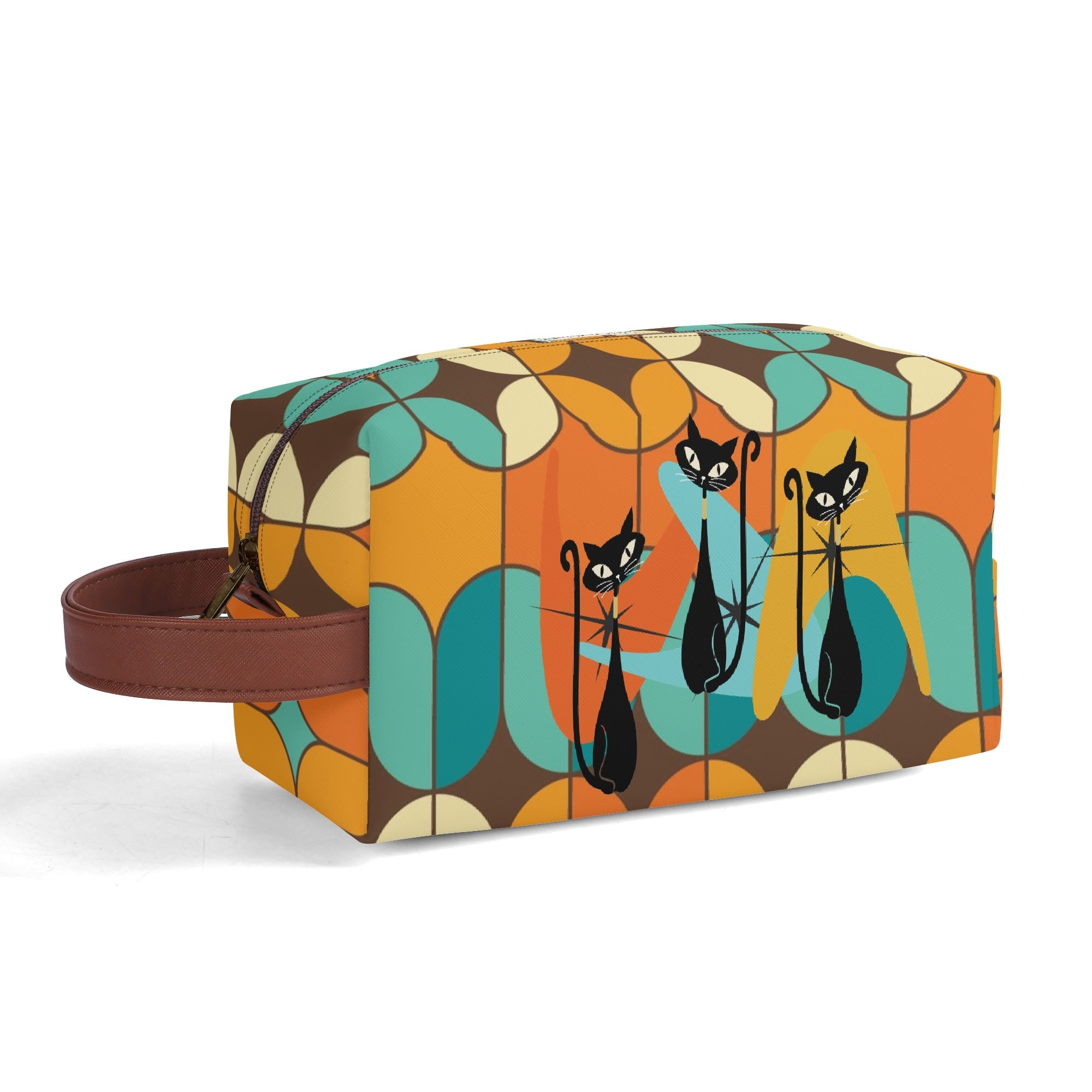 Atomic Kitschy Cats, Retro Orange, Teal Geometric Travel Bag Makeup Cosmetics Organizer - Mid Century Modern Gal
