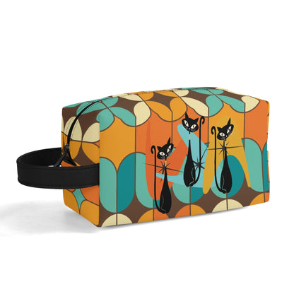 Atomic Kitschy Cats, Retro Orange, Teal Geometric Travel Bag Makeup Cosmetics Organizer - Mid Century Modern Gal
