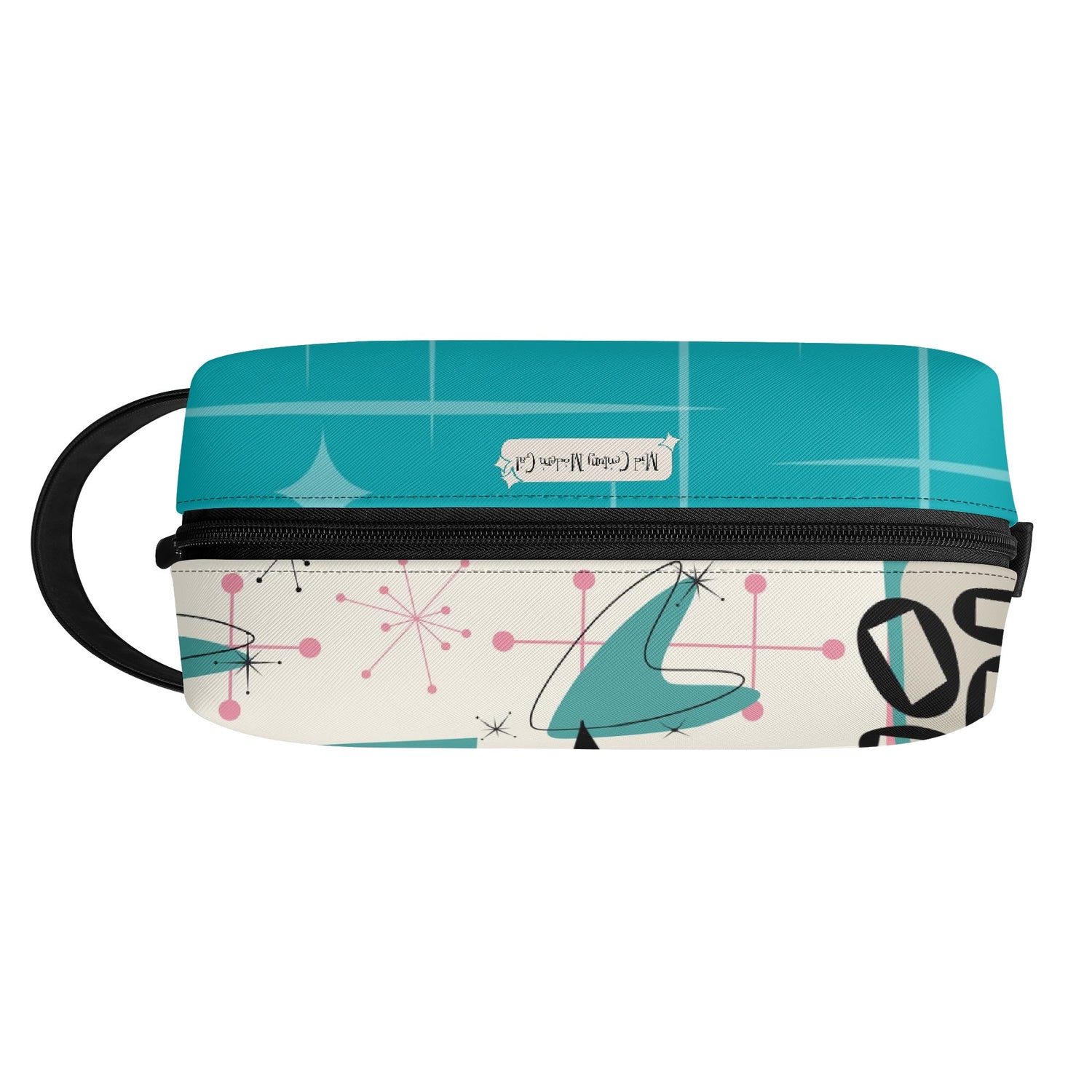 Atomic Cat Boomerang, Pink Aqua Retro Mid Mod Travel  Makeup Cosmetics Organizer - Mid Century Modern Gal