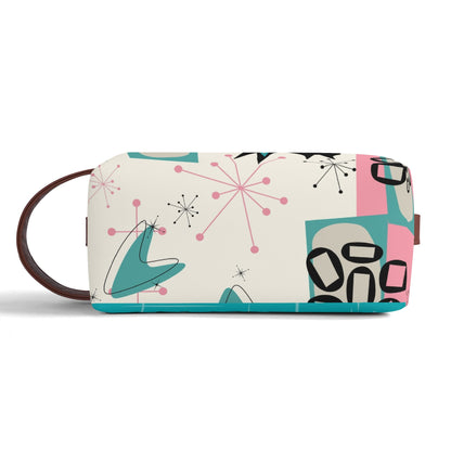 Atomic Cat Boomerang, Pink Aqua Retro Mid Mod Travel  Makeup Cosmetics Organizer - Mid Century Modern Gal