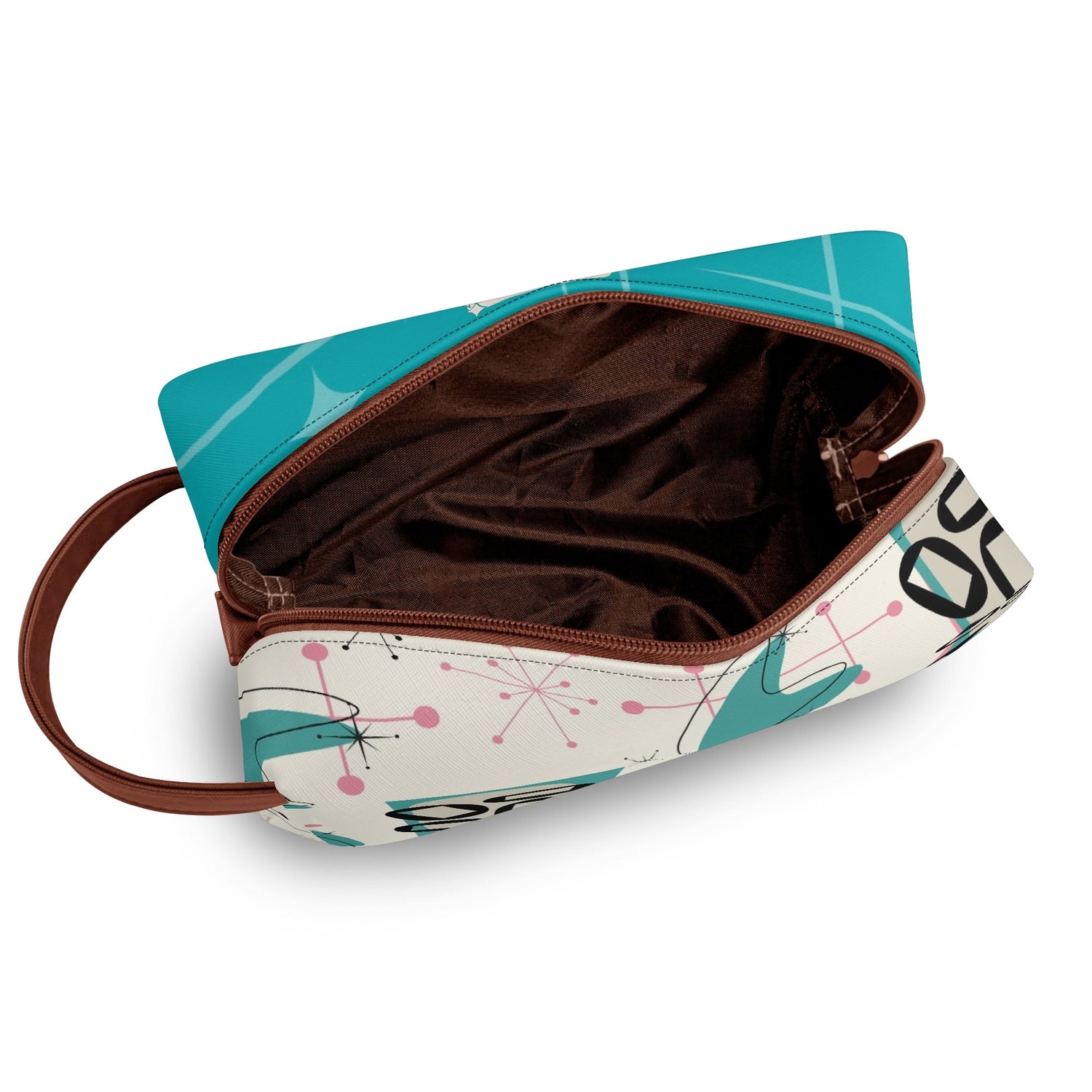 Atomic Cat Boomerang, Pink Aqua Retro Mid Mod Travel  Makeup Cosmetics Organizer - Mid Century Modern Gal