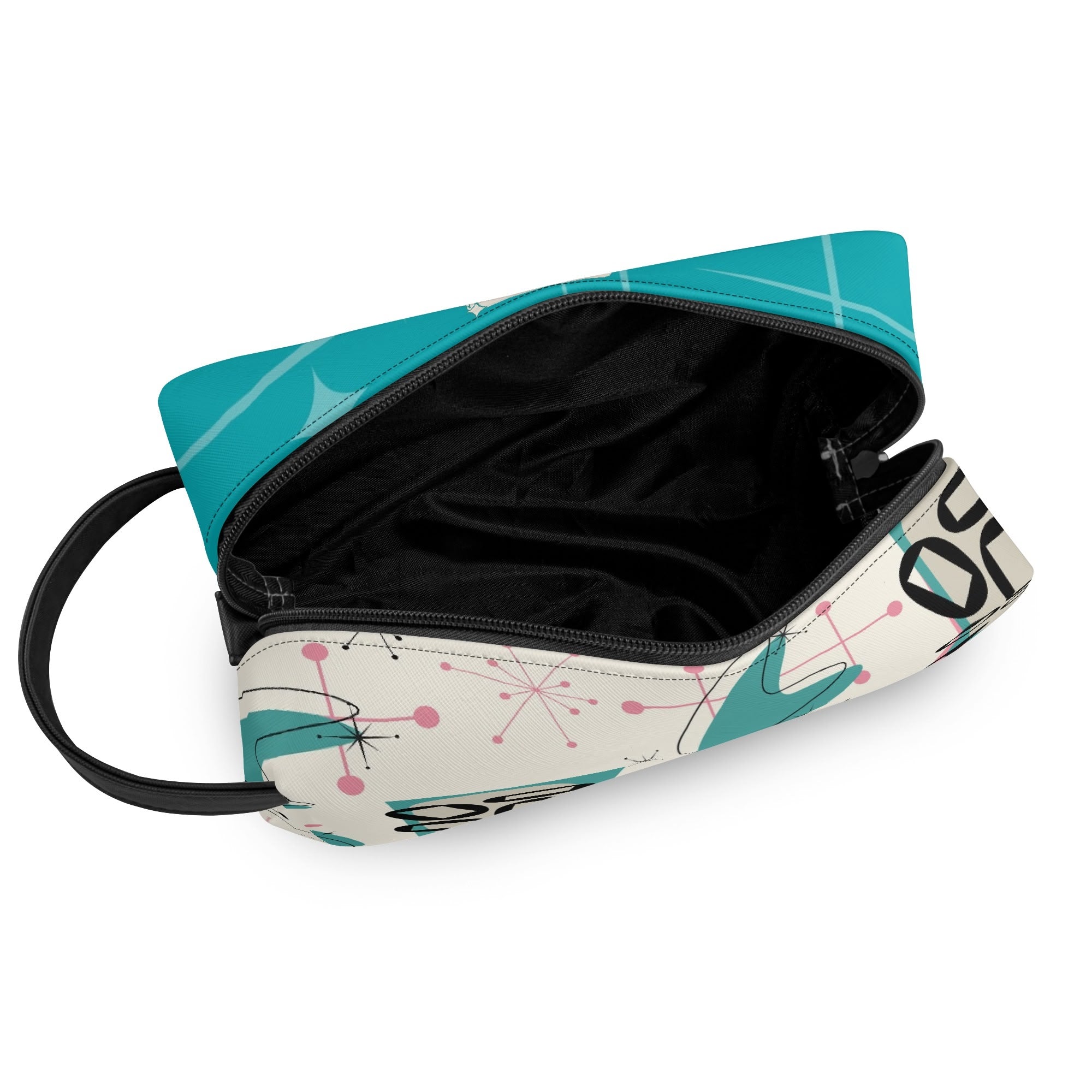 Atomic Cat Boomerang, Pink Aqua Retro Mid Mod Travel  Makeup Cosmetics Organizer - Mid Century Modern Gal