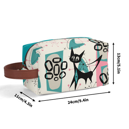 Atomic Cat Boomerang, Pink Aqua Retro Mid Mod Travel  Makeup Cosmetics Organizer - Mid Century Modern Gal