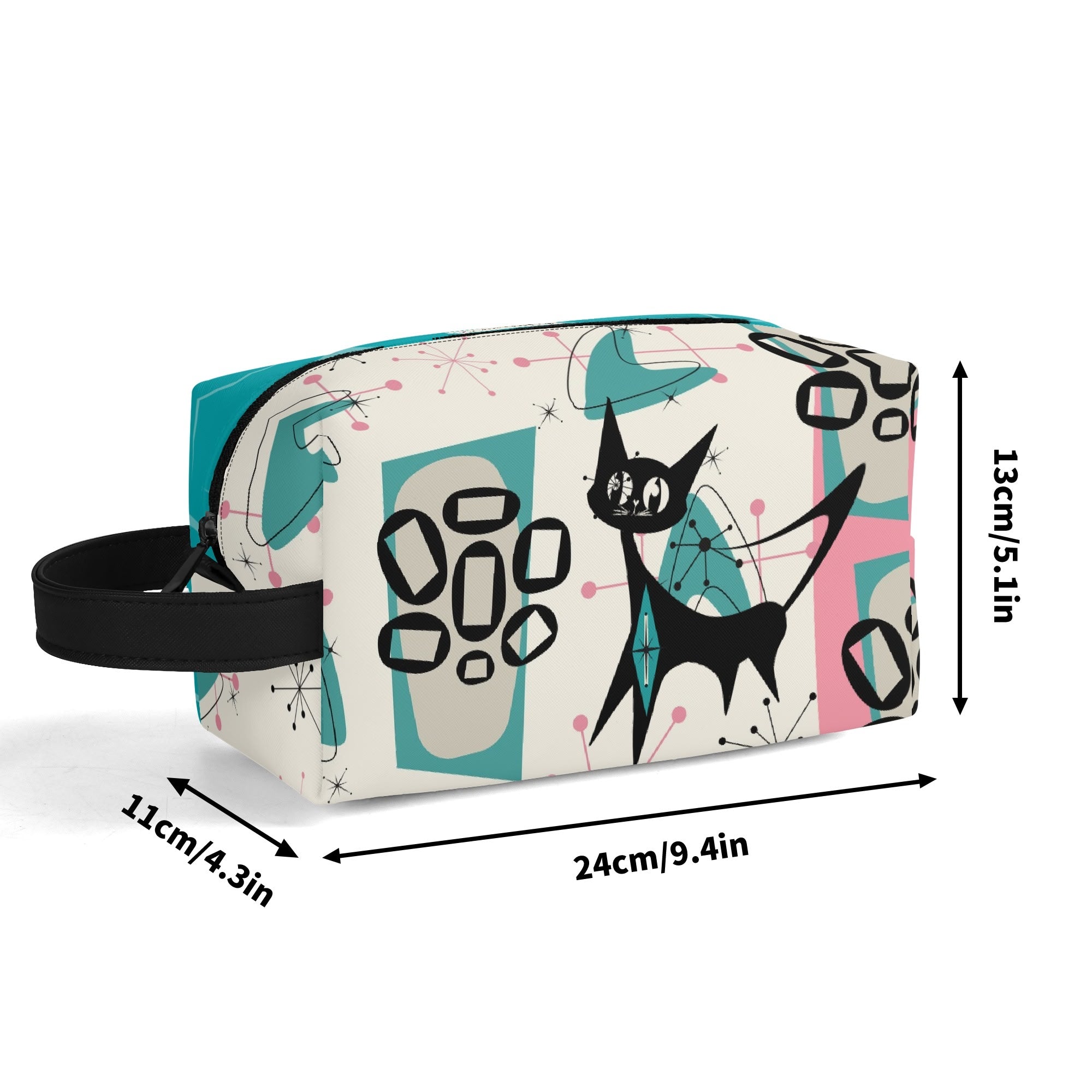 Atomic Cat Boomerang, Pink Aqua Retro Mid Mod Travel  Makeup Cosmetics Organizer - Mid Century Modern Gal