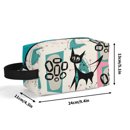 Atomic Cat Boomerang, Pink Aqua Retro Mid Mod Travel  Makeup Cosmetics Organizer - Mid Century Modern Gal