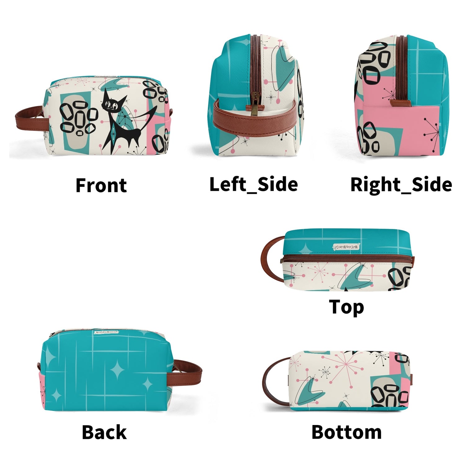 Atomic Cat Boomerang, Pink Aqua Retro Mid Mod Travel  Makeup Cosmetics Organizer - Mid Century Modern Gal