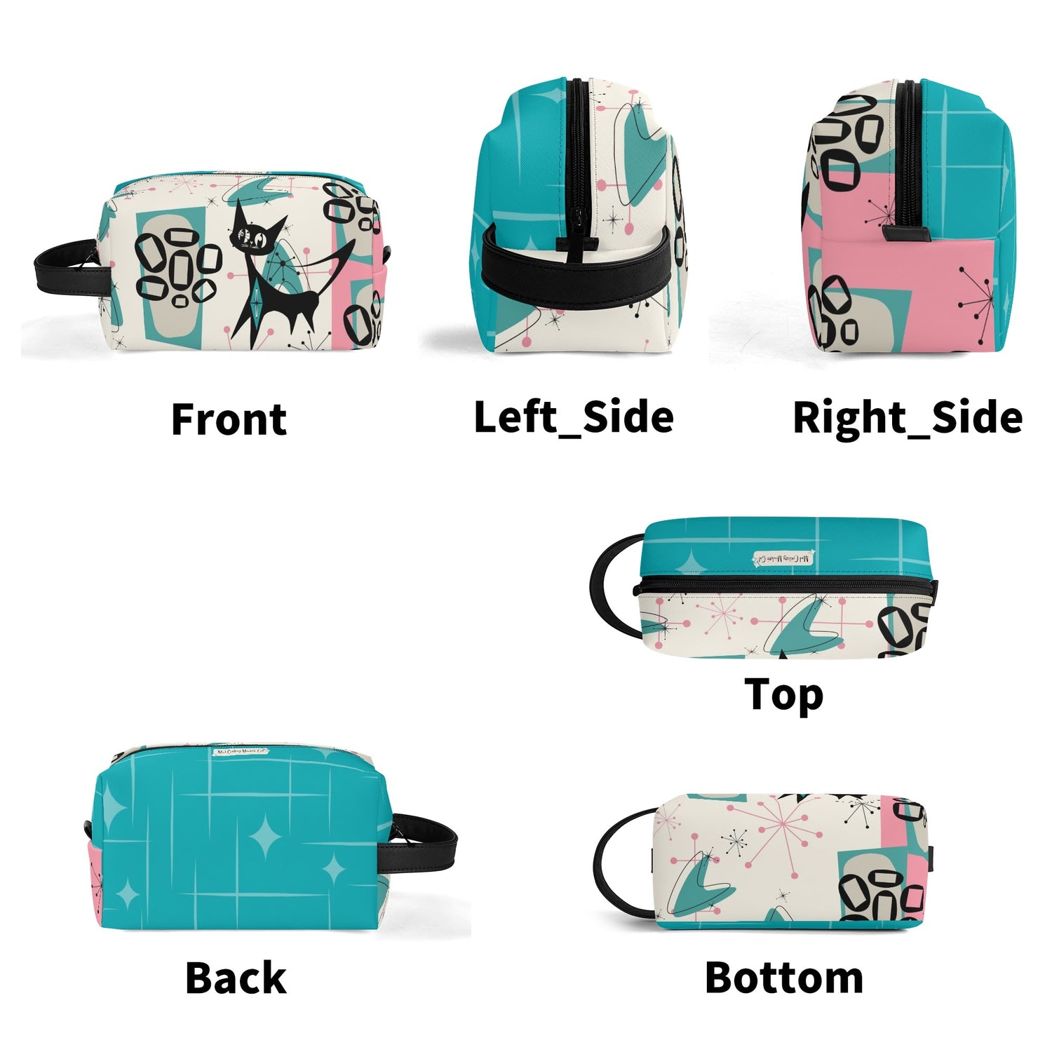 Atomic Cat Boomerang, Pink Aqua Retro Mid Mod Travel  Makeup Cosmetics Organizer - Mid Century Modern Gal