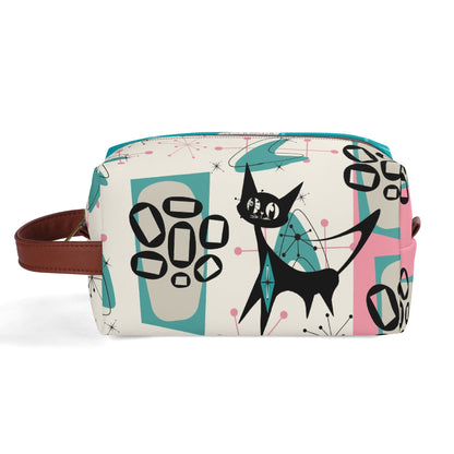 Atomic Cat Boomerang, Pink Aqua Retro Mid Mod Travel  Makeup Cosmetics Organizer - Mid Century Modern Gal