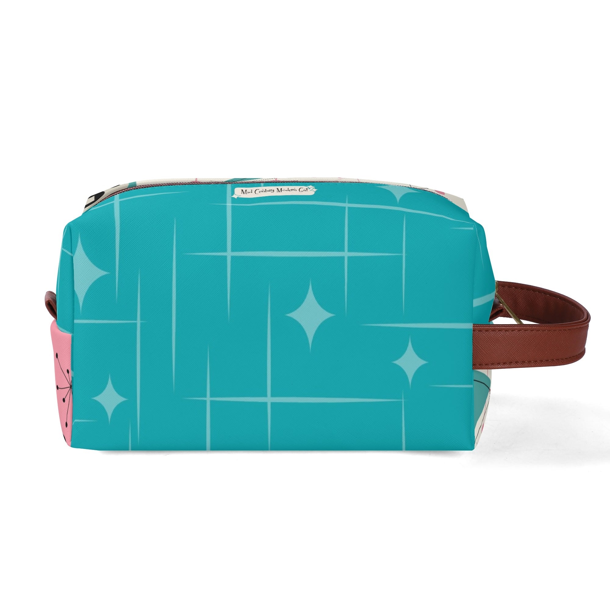Atomic Cat Boomerang, Pink Aqua Retro Mid Mod Travel  Makeup Cosmetics Organizer - Mid Century Modern Gal