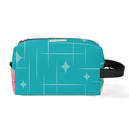 Atomic Cat Boomerang, Pink Aqua Retro Mid Mod Travel  Makeup Cosmetics Organizer - Mid Century Modern Gal