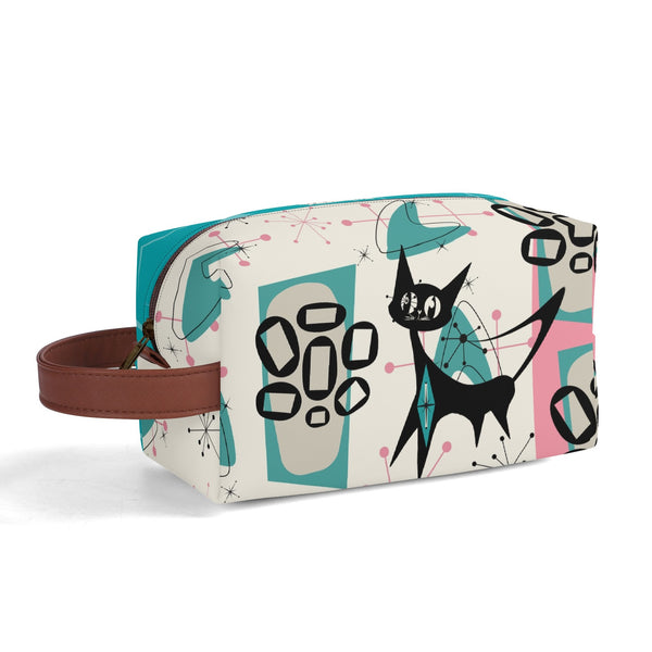 Atomic Cat Boomerang, Pink Aqua Retro Mid Mod Travel  Makeup Cosmetics Organizer