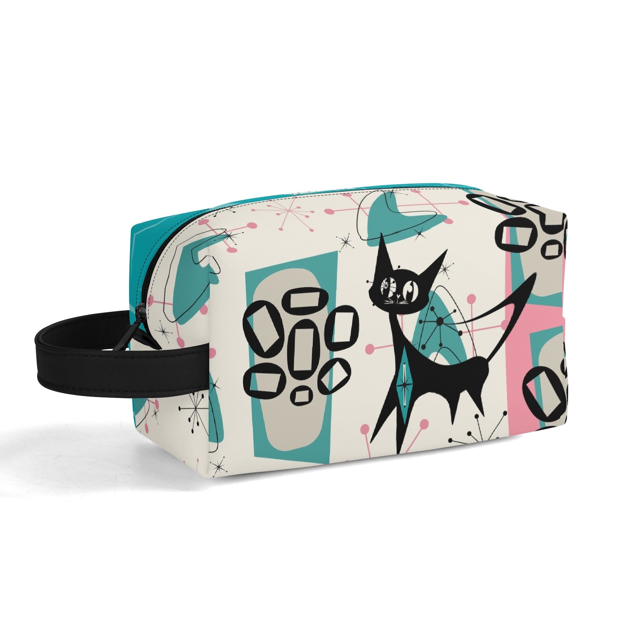 Atomic Cat Boomerang, Pink Aqua Retro Mid Mod Travel  Makeup Cosmetics Organizer - Mid Century Modern Gal