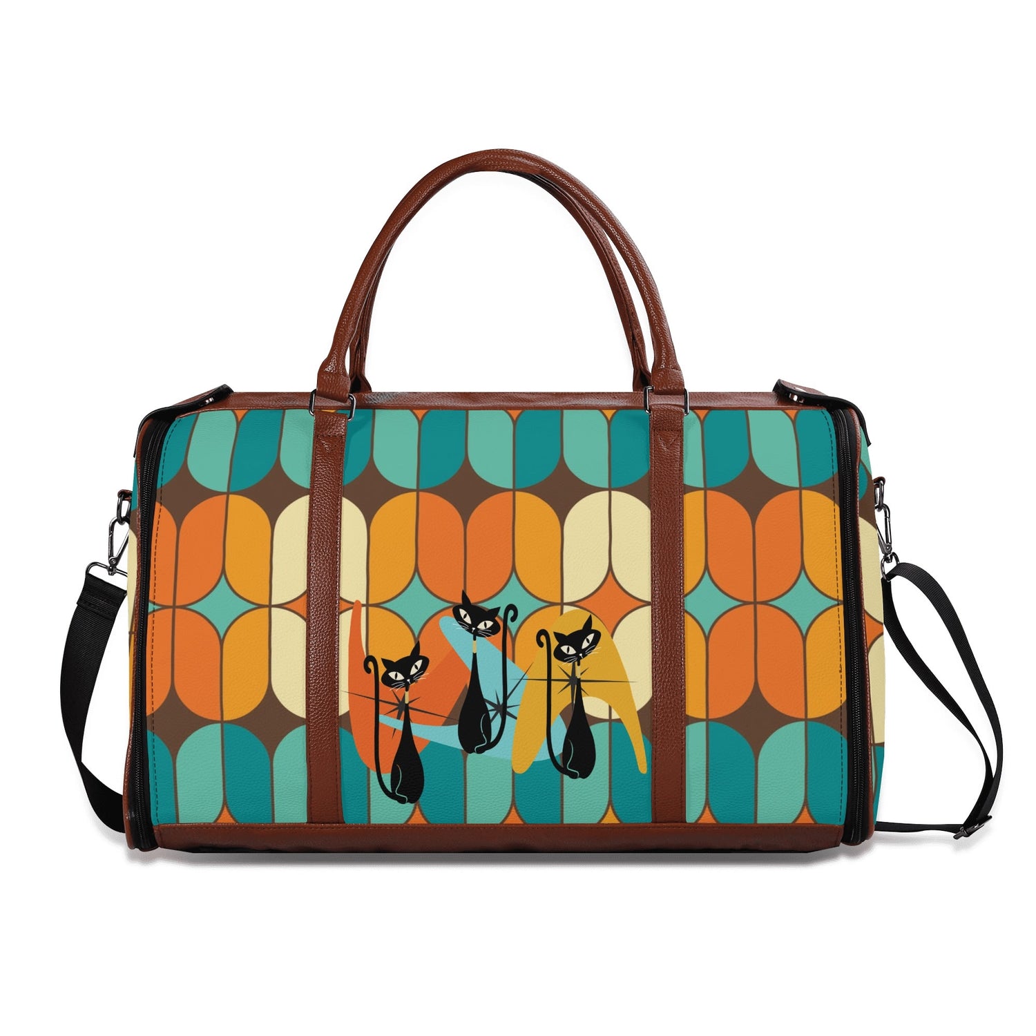 Atomic Kitschy Mod Boomerang Black Retro Cats, Orange, Teal Geometric Mod Designed Foldable Travel Duffle Bag - Mid Century Modern Gal