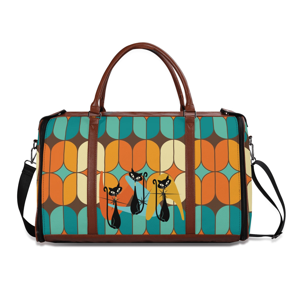 Atomic Kitschy Mod Boomerang Black Retro Cats, Orange, Teal Geometric Mod Designed Foldable Travel Duffle Bag - Mid Century Modern Gal