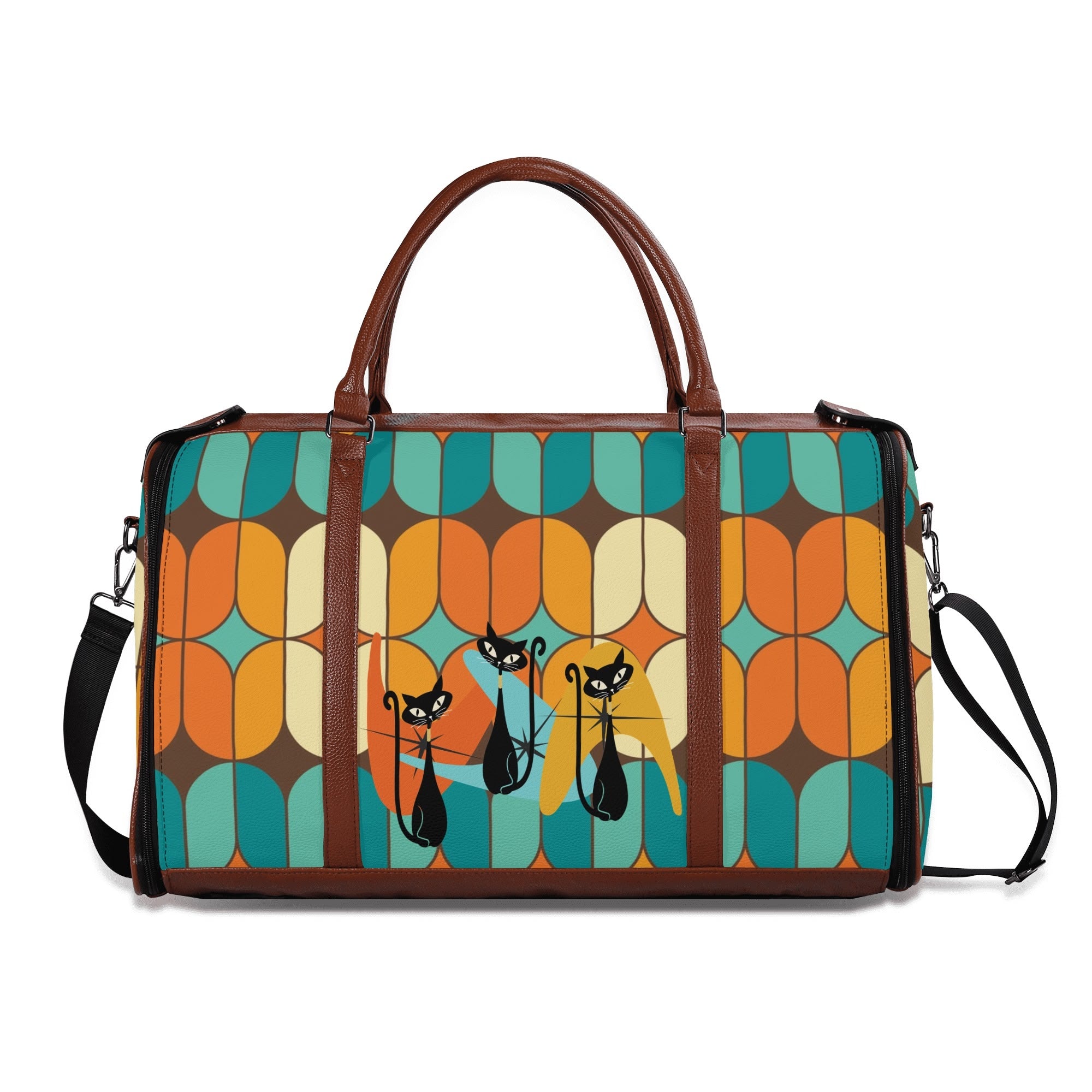 Atomic Kitschy Mod Boomerang Black Retro Cats, Orange, Teal Geometric Mod Designed Foldable Travel Duffle Bag - Mid Century Modern Gal