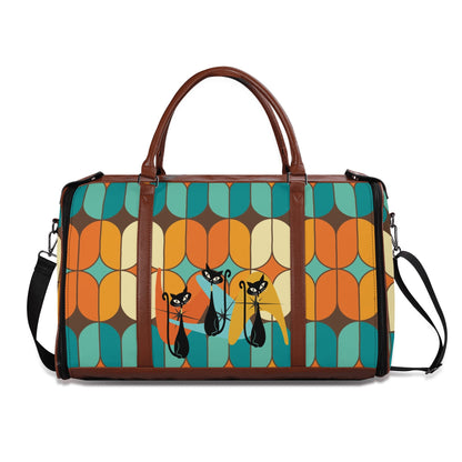 Atomic Kitschy Mod Boomerang Black Retro Cats, Orange, Teal Geometric Mod Designed Foldable Travel Duffle Bag - Mid Century Modern Gal
