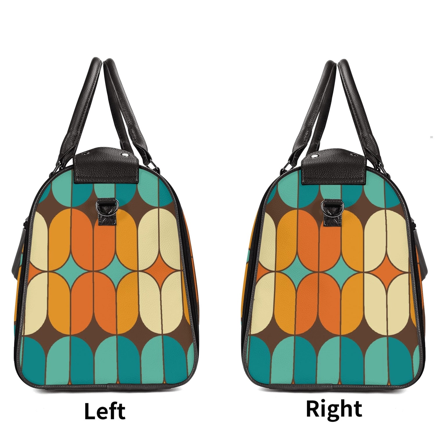 Atomic Kitschy Mod Boomerang Black Retro Cats, Orange, Teal Geometric Mod Designed Foldable Travel Duffle Bag - Mid Century Modern Gal