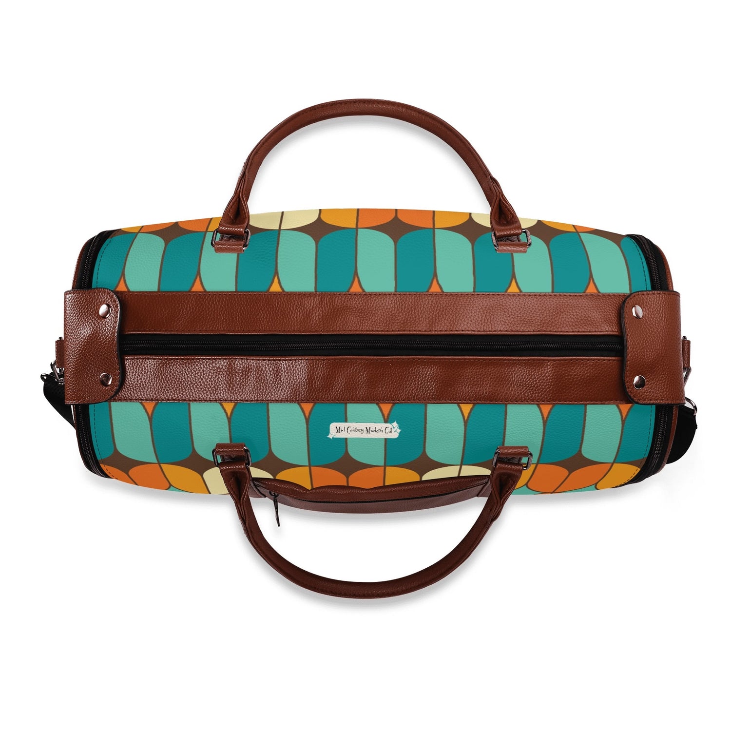 Atomic Kitschy Mod Boomerang Black Retro Cats, Orange, Teal Geometric Mod Designed Foldable Travel Duffle Bag - Mid Century Modern Gal