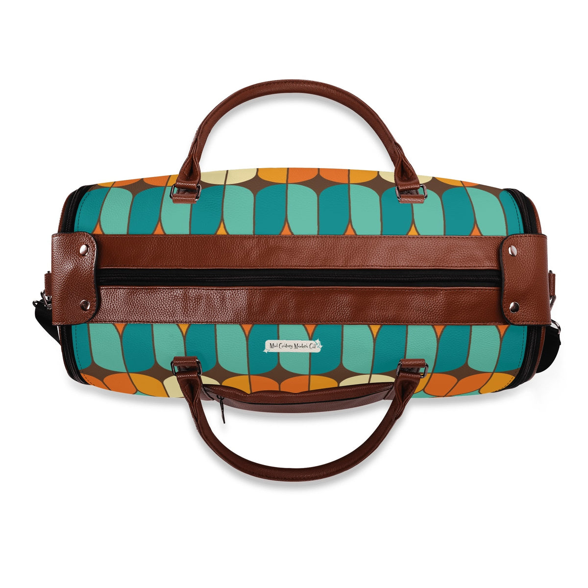 Atomic Kitschy Mod Boomerang Black Retro Cats, Orange, Teal Geometric Mod Designed Foldable Travel Duffle Bag - Mid Century Modern Gal