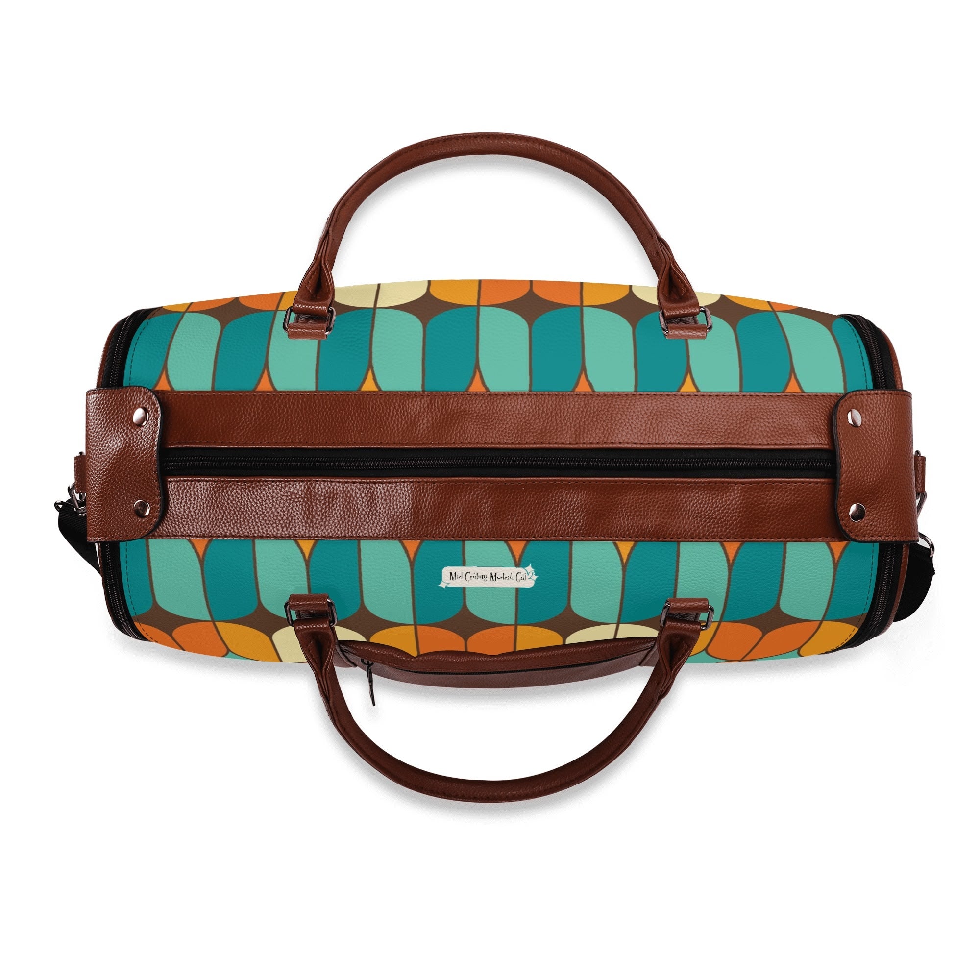 Atomic Kitschy Mod Boomerang Black Retro Cats, Orange, Teal Geometric Mod Designed Foldable Travel Duffle Bag - Mid Century Modern Gal