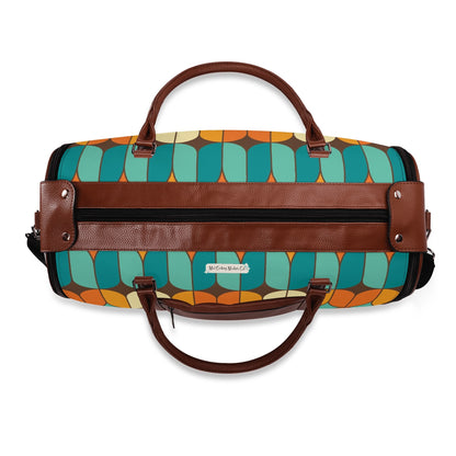 Atomic Kitschy Mod Boomerang Black Retro Cats, Orange, Teal Geometric Mod Designed Foldable Travel Duffle Bag - Mid Century Modern Gal