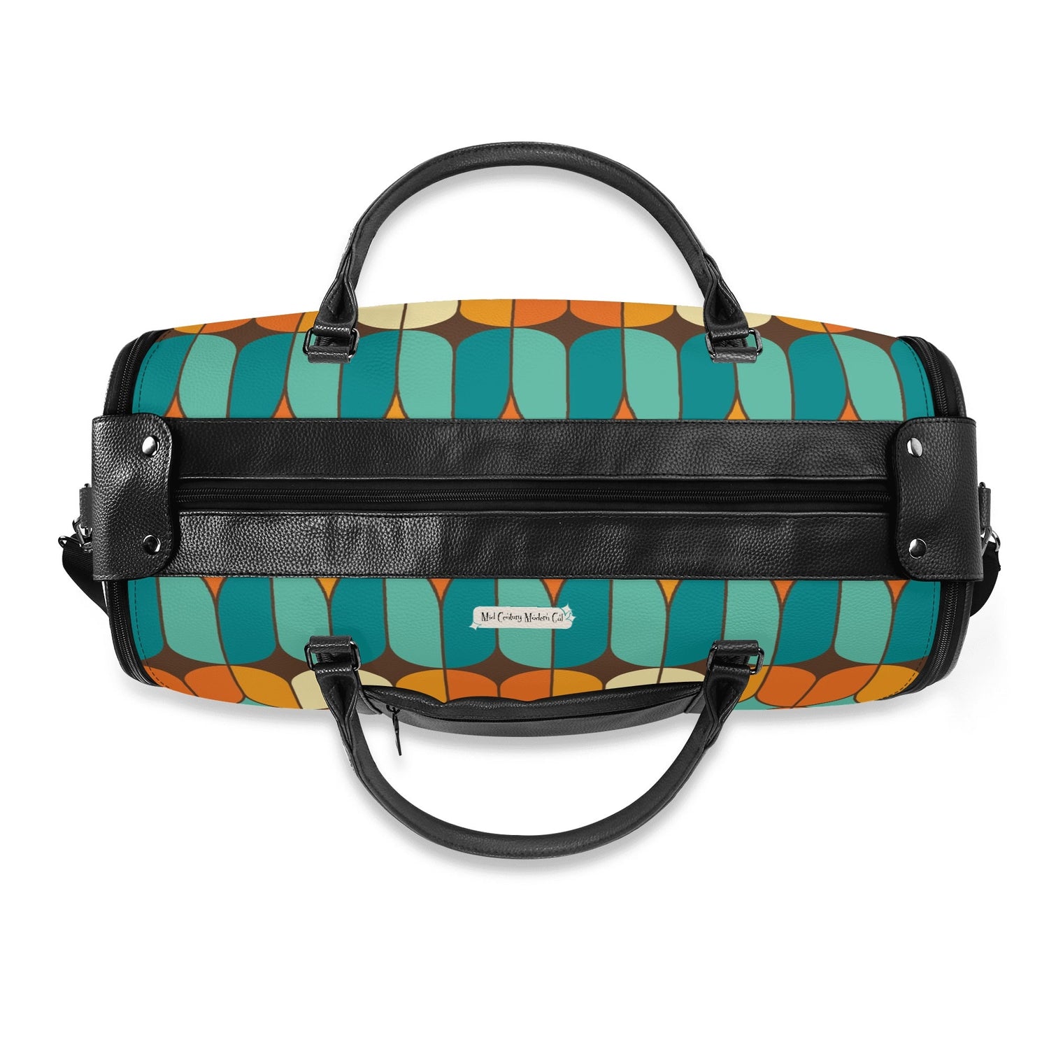 Atomic Kitschy Mod Boomerang Black Retro Cats, Orange, Teal Geometric Mod Designed Foldable Travel Duffle Bag - Mid Century Modern Gal