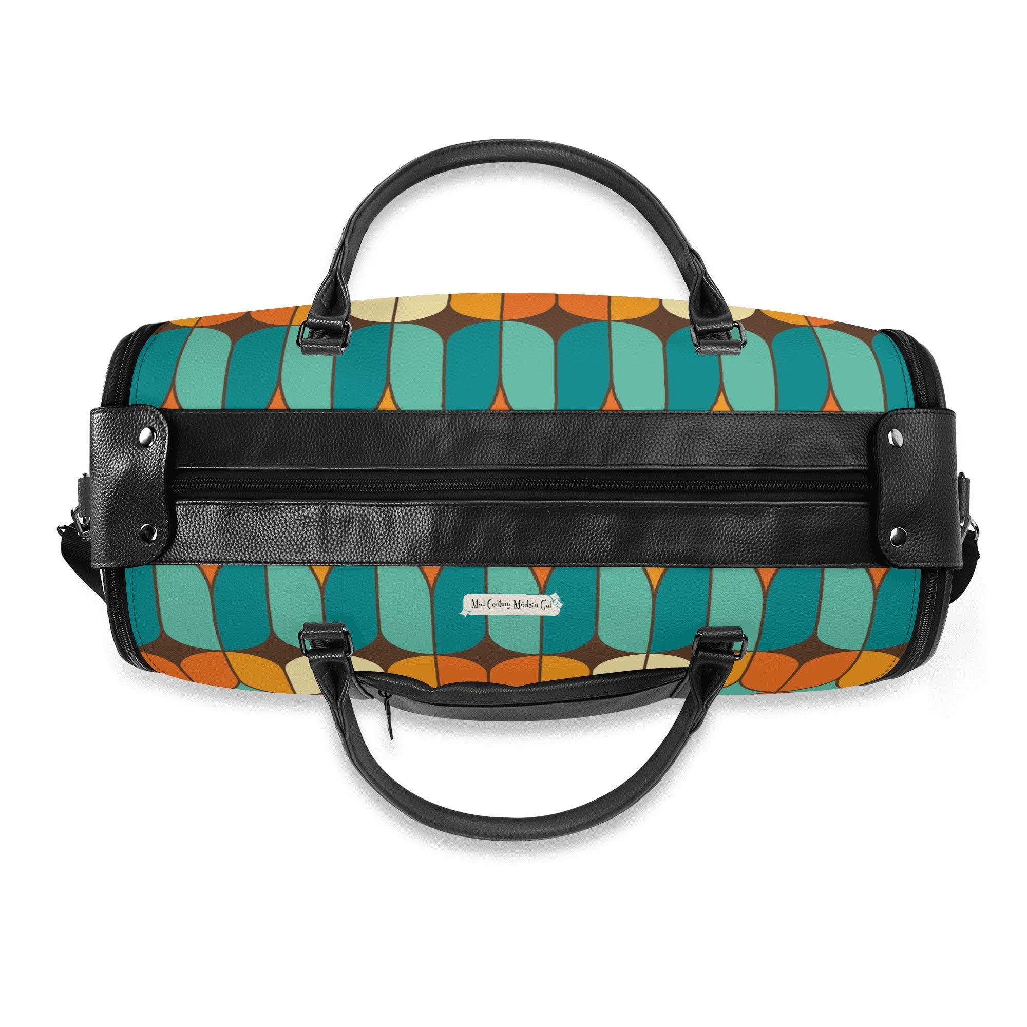 Atomic Kitschy Mod Boomerang Black Retro Cats, Orange, Teal Geometric Mod Designed Foldable Travel Duffle Bag - Mid Century Modern Gal