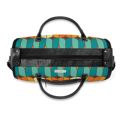 Atomic Kitschy Mod Boomerang Black Retro Cats, Orange, Teal Geometric Mod Designed Foldable Travel Duffle Bag - Mid Century Modern Gal