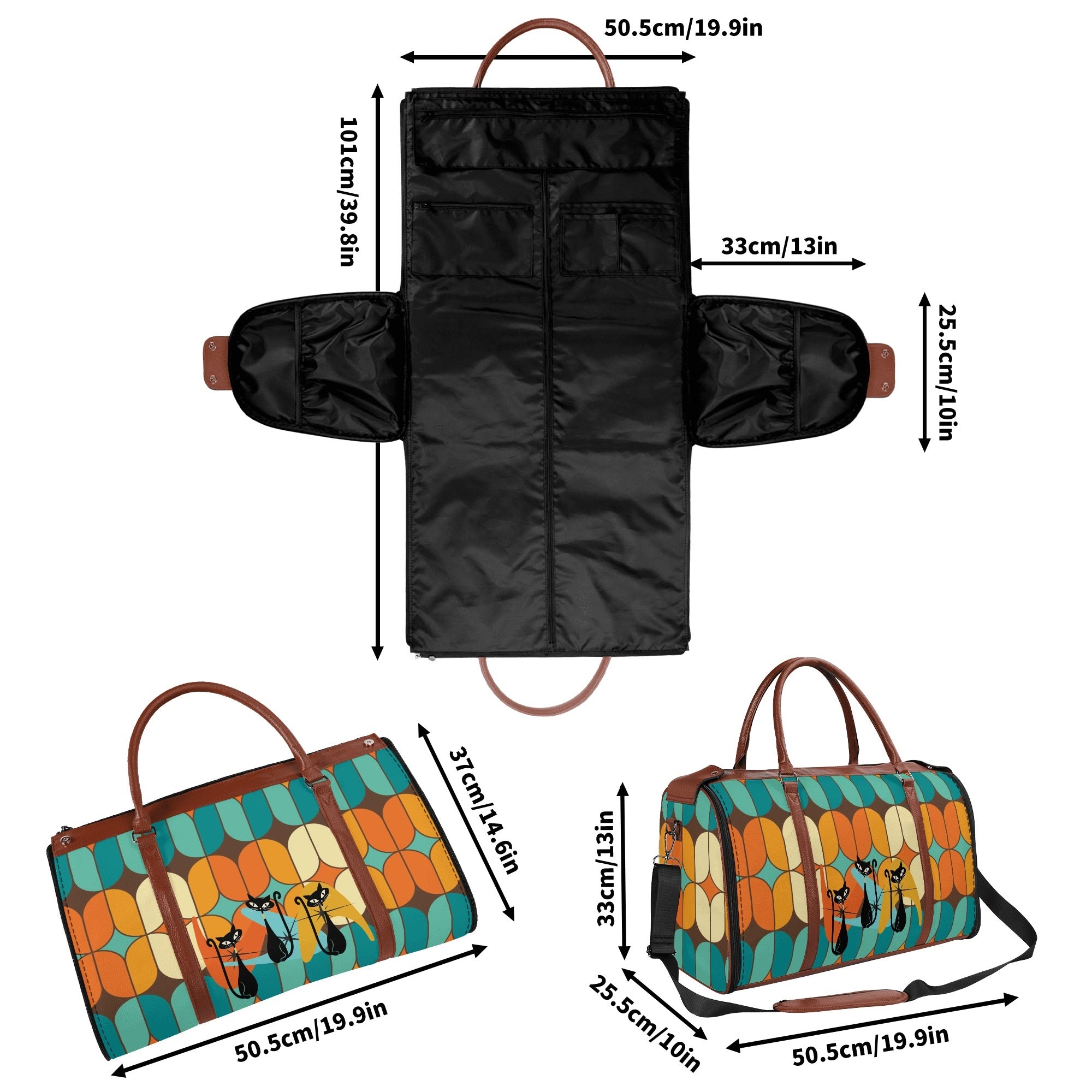 Atomic Kitschy Mod Boomerang Black Retro Cats, Orange, Teal Geometric Mod Designed Foldable Travel Duffle Bag - Mid Century Modern Gal