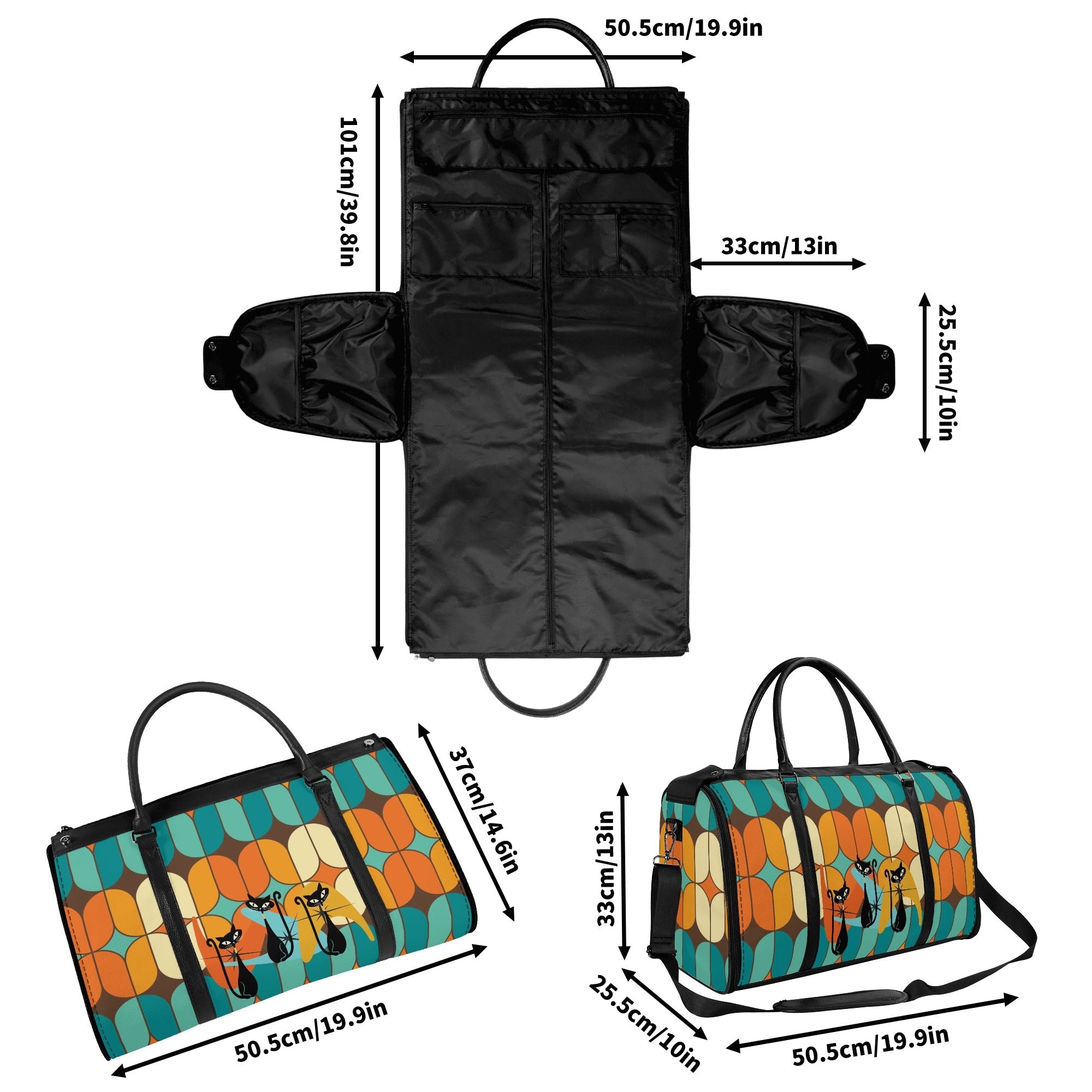 Atomic Kitschy Mod Boomerang Black Retro Cats, Orange, Teal Geometric Mod Designed Foldable Travel Duffle Bag - Mid Century Modern Gal