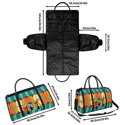 Atomic Kitschy Mod Boomerang Black Retro Cats, Orange, Teal Geometric Mod Designed Foldable Travel Duffle Bag - Mid Century Modern Gal
