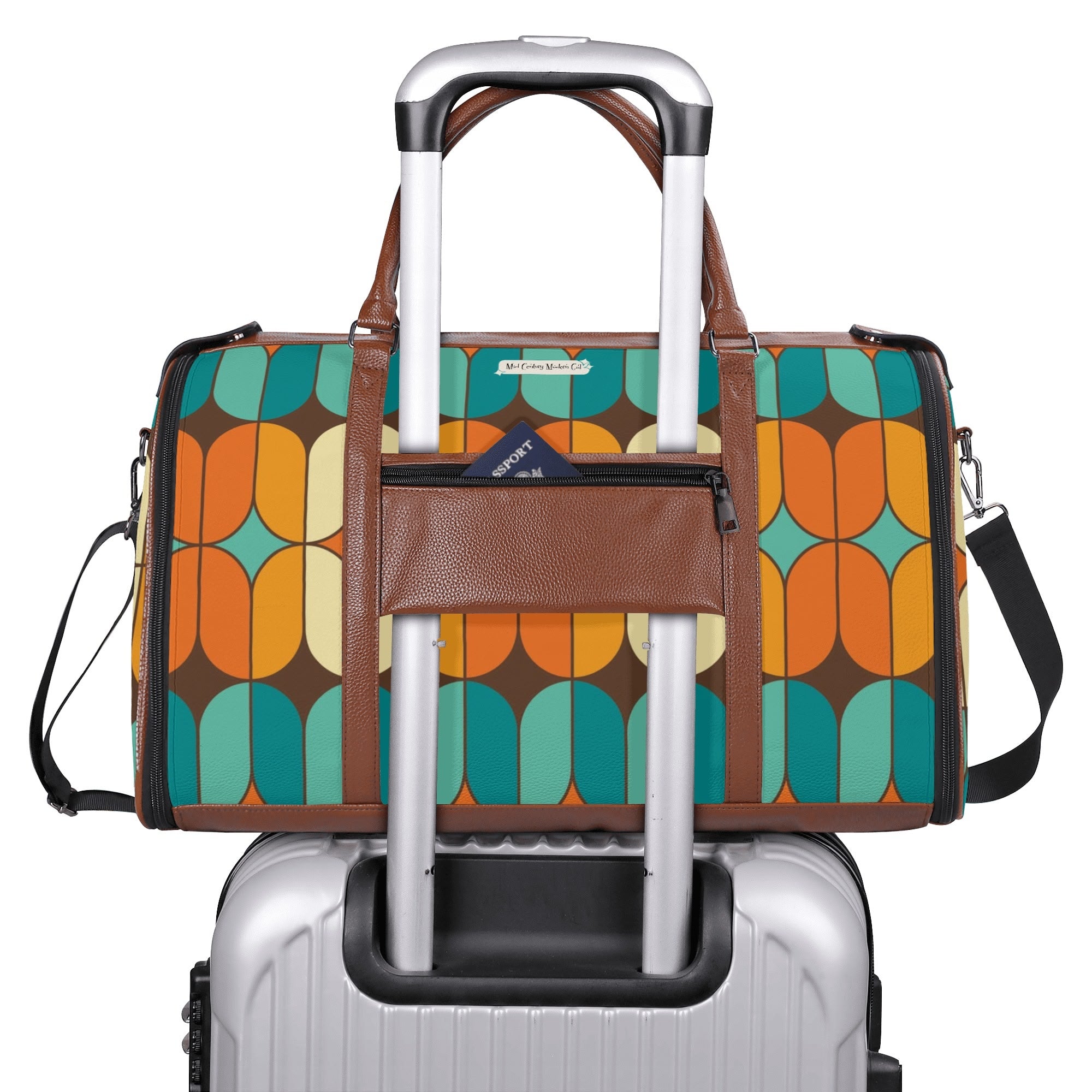 Atomic Kitschy Mod Boomerang Black Retro Cats, Orange, Teal Geometric Mod Designed Foldable Travel Duffle Bag - Mid Century Modern Gal