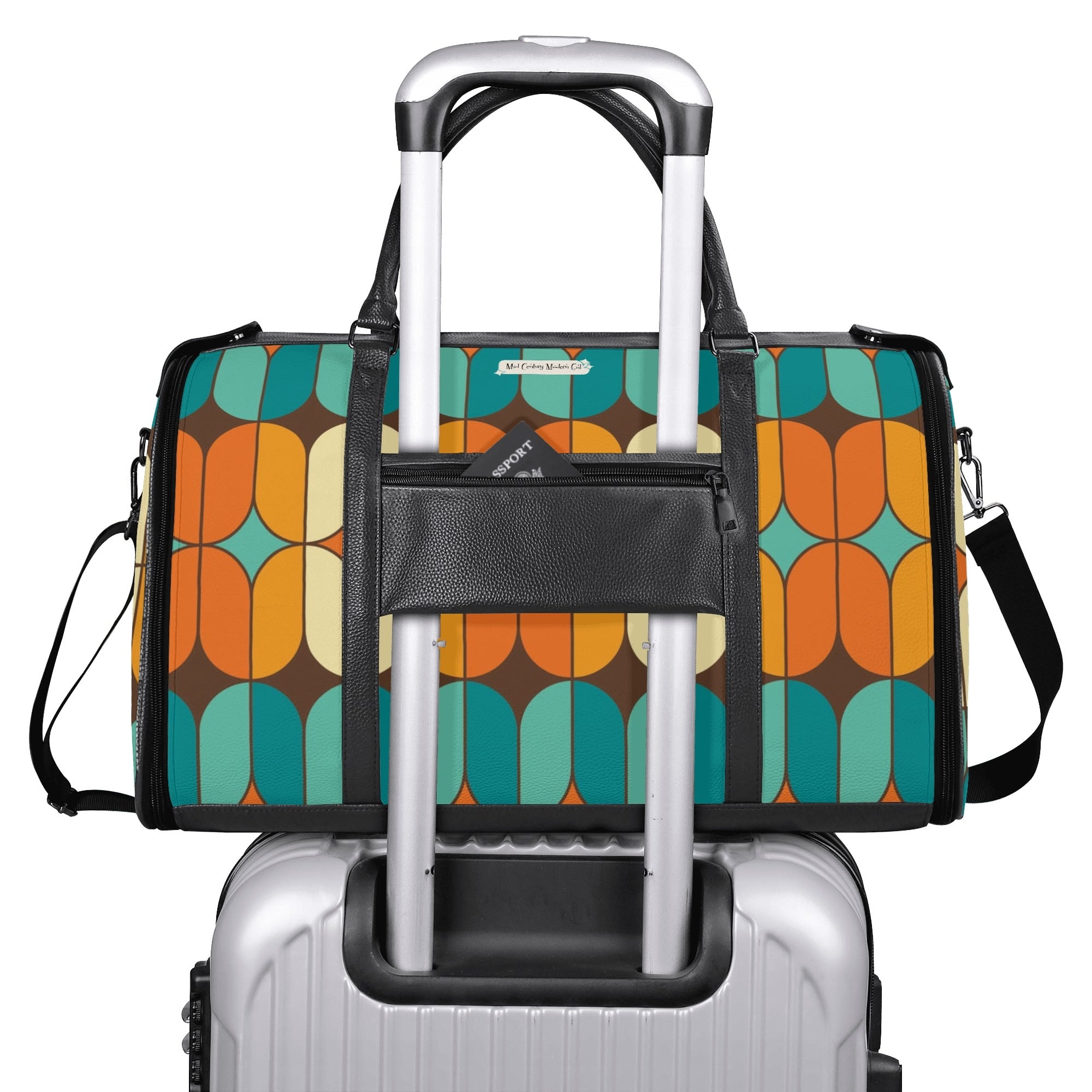 Atomic Kitschy Mod Boomerang Black Retro Cats, Orange, Teal Geometric Mod Designed Foldable Travel Duffle Bag - Mid Century Modern Gal