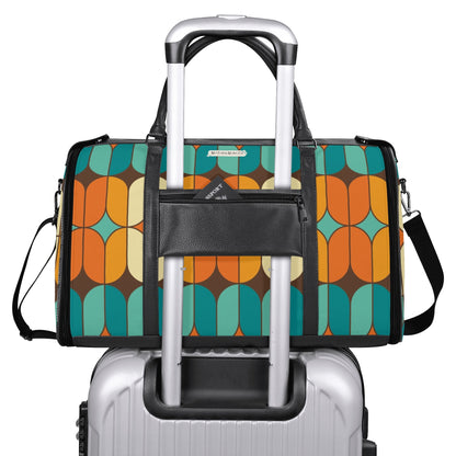 Atomic Kitschy Mod Boomerang Black Retro Cats, Orange, Teal Geometric Mod Designed Foldable Travel Duffle Bag - Mid Century Modern Gal
