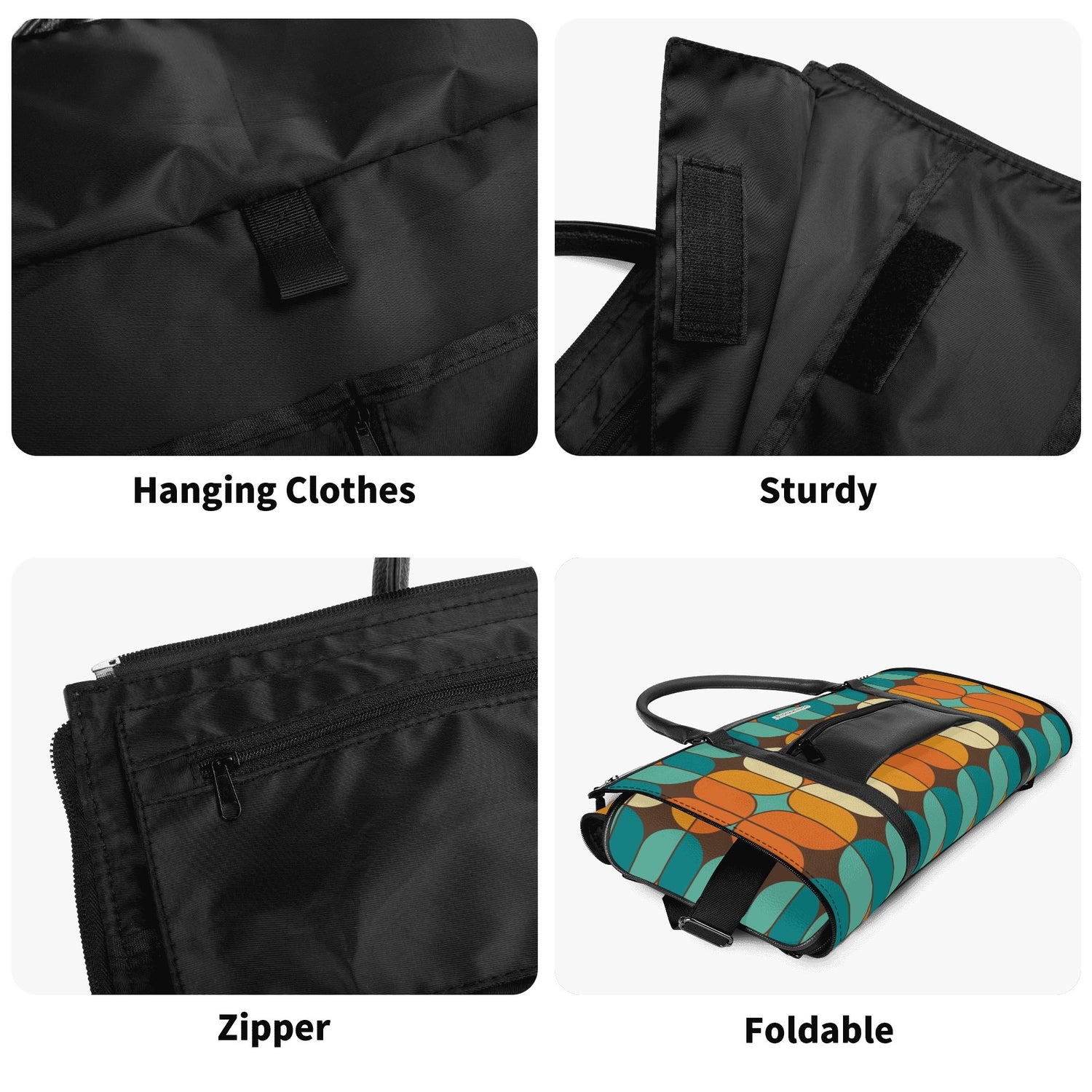 Atomic Kitschy Mod Boomerang Black Retro Cats, Orange, Teal Geometric Mod Designed Foldable Travel Duffle Bag - Mid Century Modern Gal