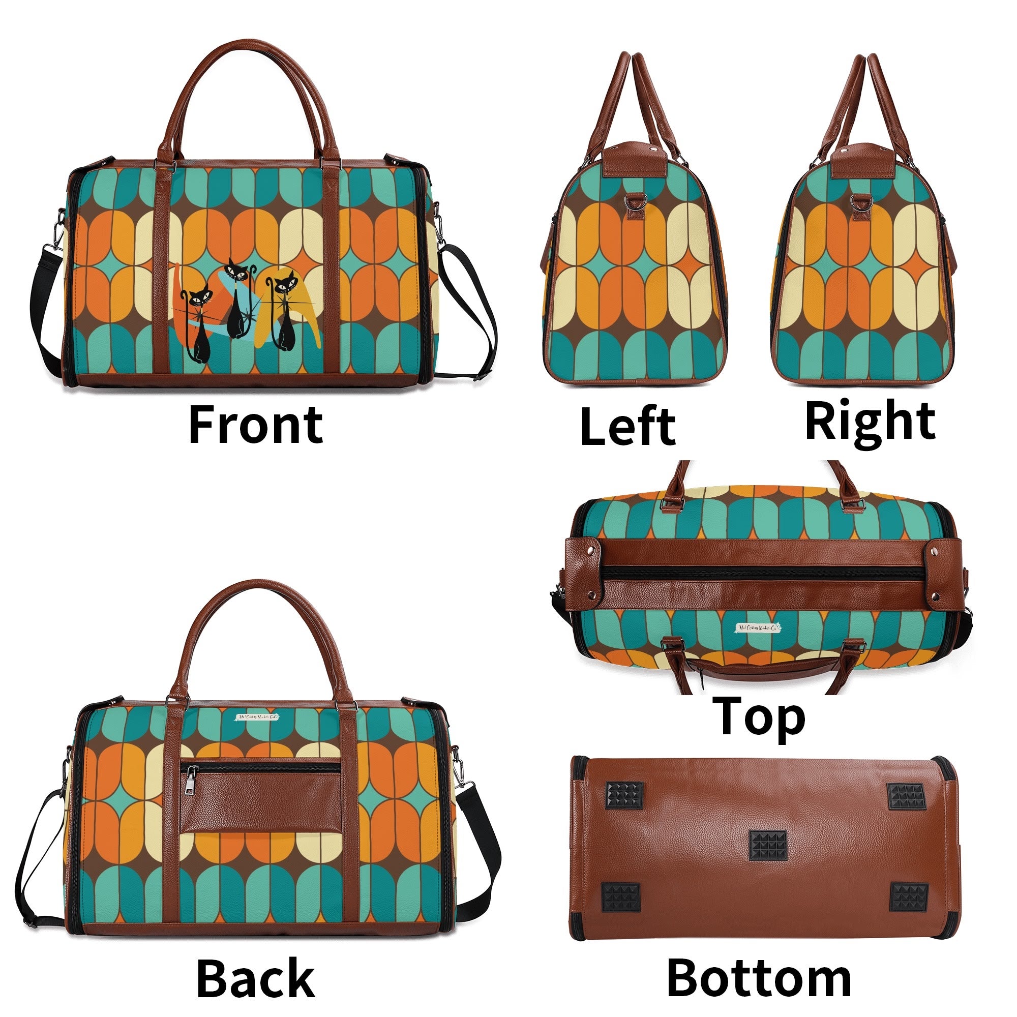 Atomic Kitschy Mod Boomerang Black Retro Cats, Orange, Teal Geometric Mod Designed Foldable Travel Duffle Bag - Mid Century Modern Gal