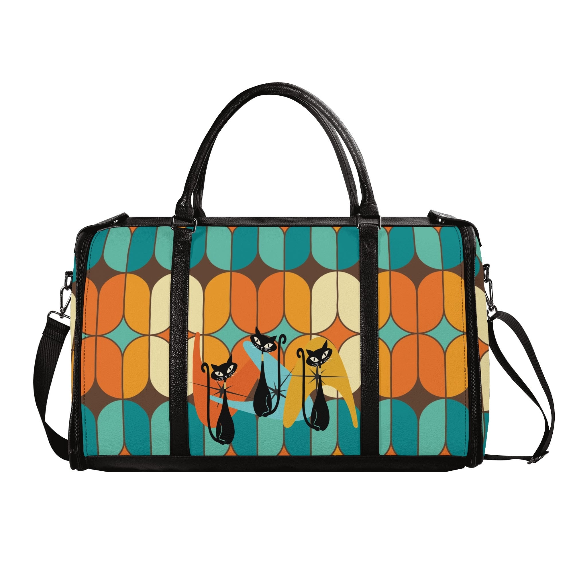 Atomic Kitschy Mod Boomerang Black Retro Cats, Orange, Teal Geometric Mod Designed Foldable Travel Duffle Bag - Mid Century Modern Gal
