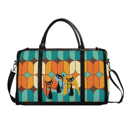 Atomic Kitschy Mod Boomerang Black Retro Cats, Orange, Teal Geometric Mod Designed Foldable Travel Duffle Bag - Mid Century Modern Gal