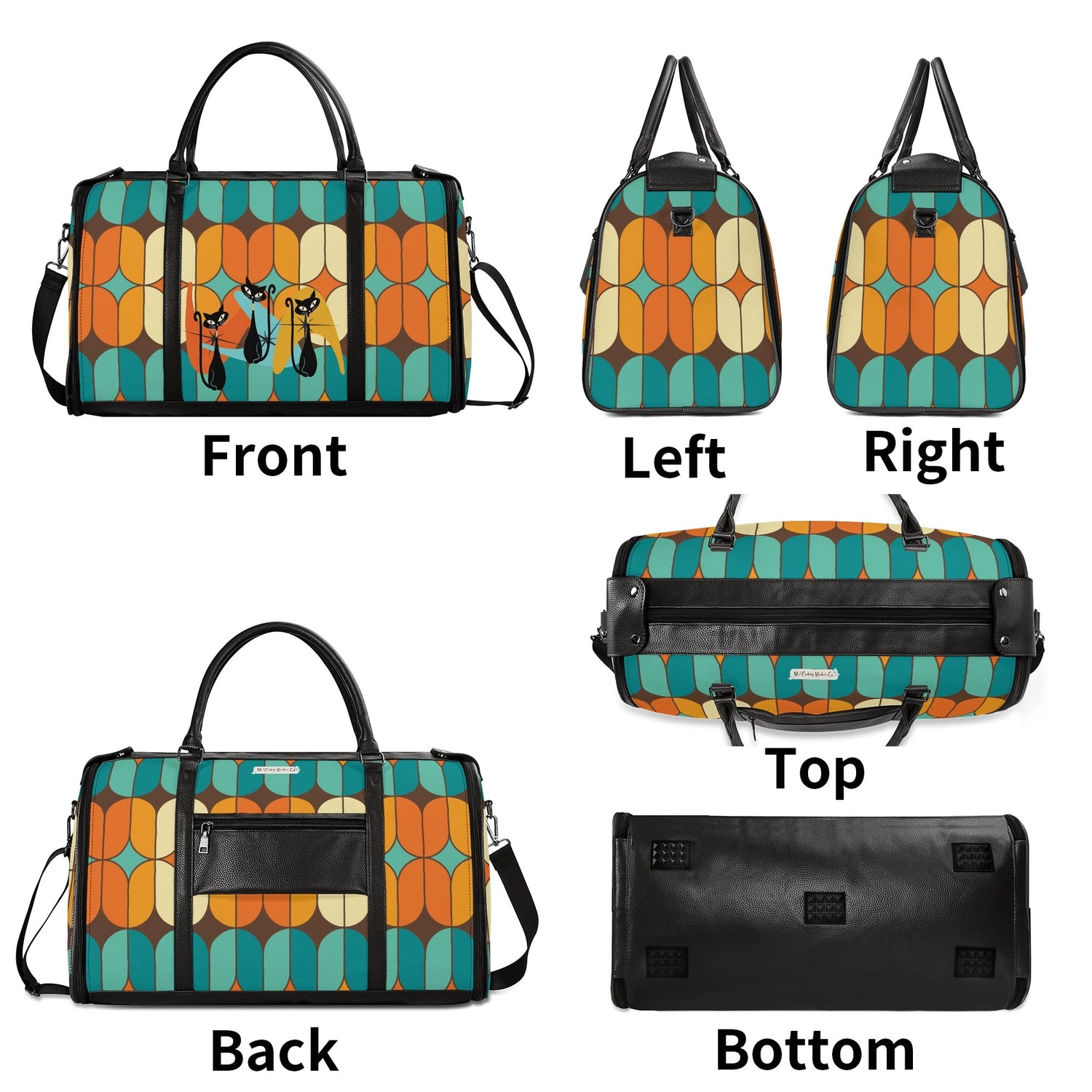 Atomic Kitschy Mod Boomerang Black Retro Cats, Orange, Teal Geometric Mod Designed Foldable Travel Duffle Bag - Mid Century Modern Gal