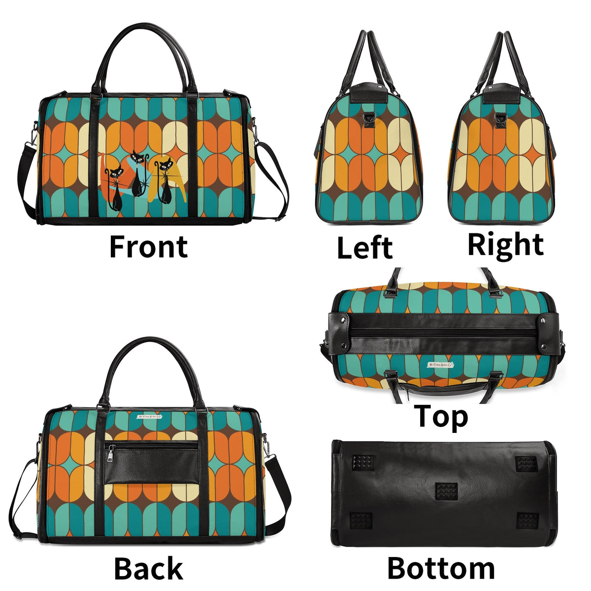 Atomic Kitschy Mod Boomerang Black Retro Cats, Orange, Teal Geometric Mod Designed Foldable Travel Duffle Bag - Mid Century Modern Gal