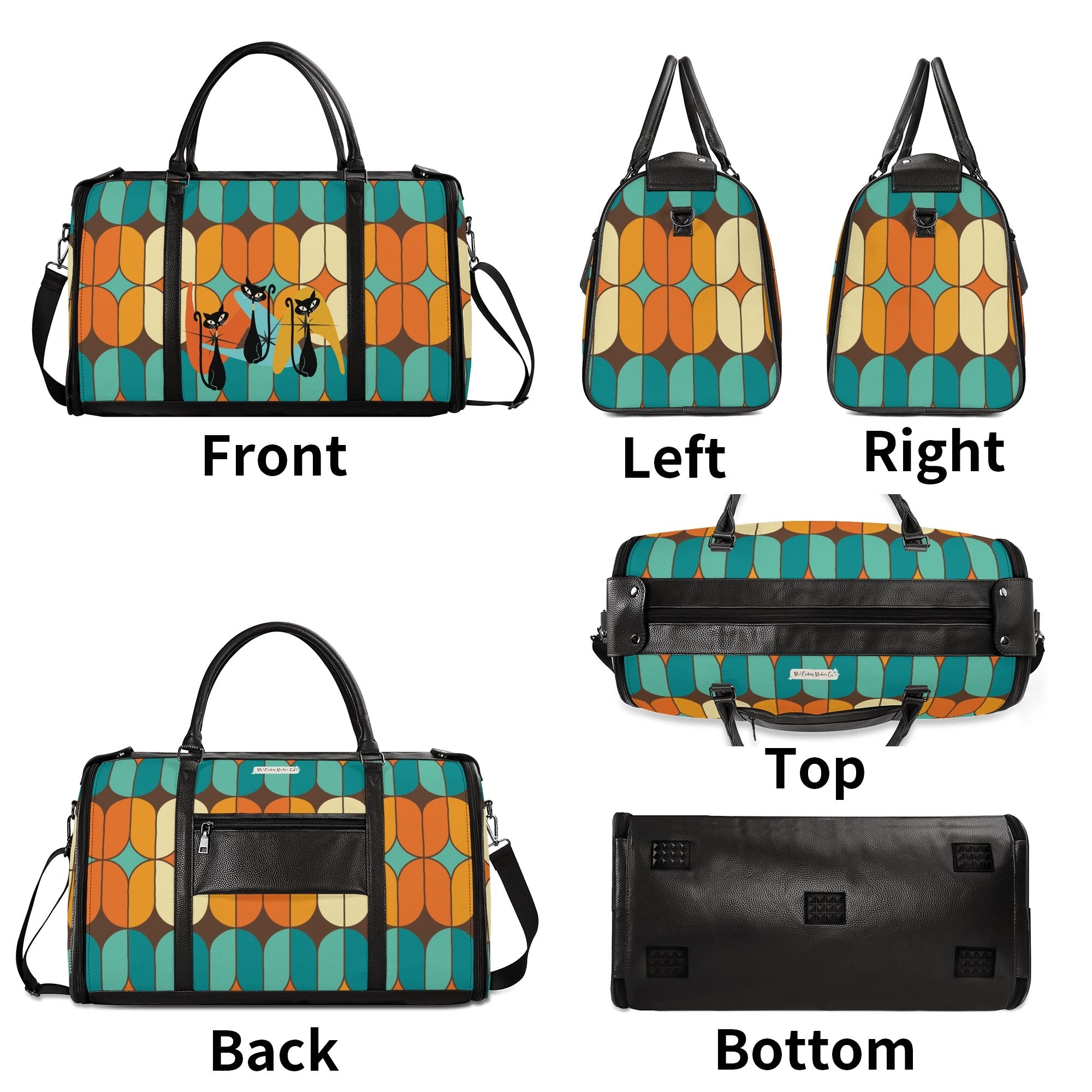 Atomic Kitschy Mod Boomerang Black Retro Cats, Orange, Teal Geometric Mod Designed Foldable Travel Duffle Bag - Mid Century Modern Gal