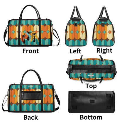 Atomic Kitschy Mod Boomerang Black Retro Cats, Orange, Teal Geometric Mod Designed Foldable Travel Duffle Bag - Mid Century Modern Gal