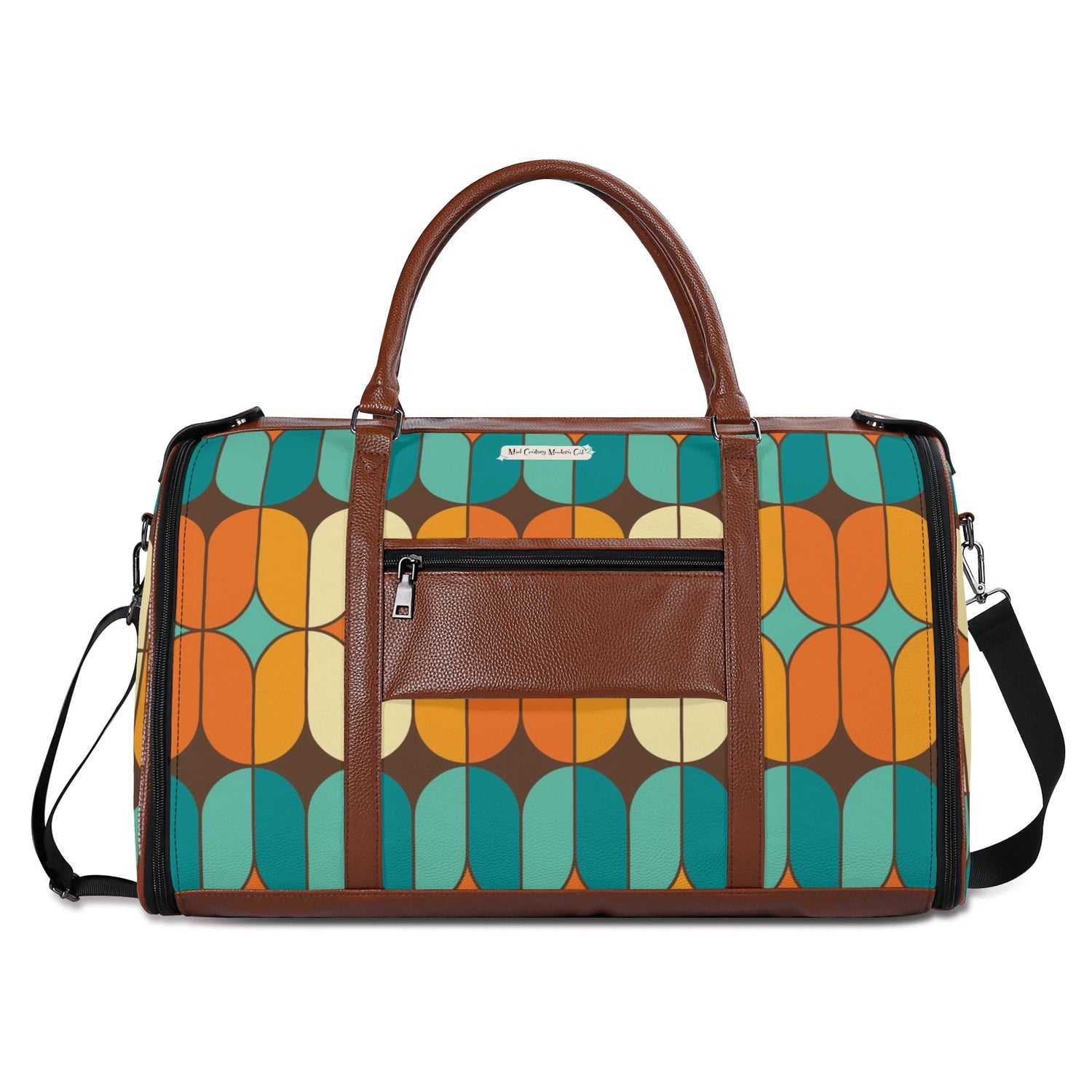 Atomic Kitschy Mod Boomerang Black Retro Cats, Orange, Teal Geometric Mod Designed Foldable Travel Duffle Bag - Mid Century Modern Gal