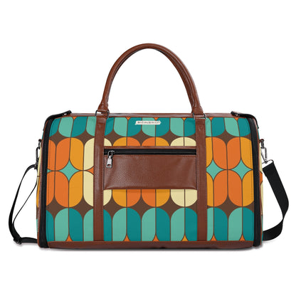 Atomic Kitschy Mod Boomerang Black Retro Cats, Orange, Teal Geometric Mod Designed Foldable Travel Duffle Bag - Mid Century Modern Gal