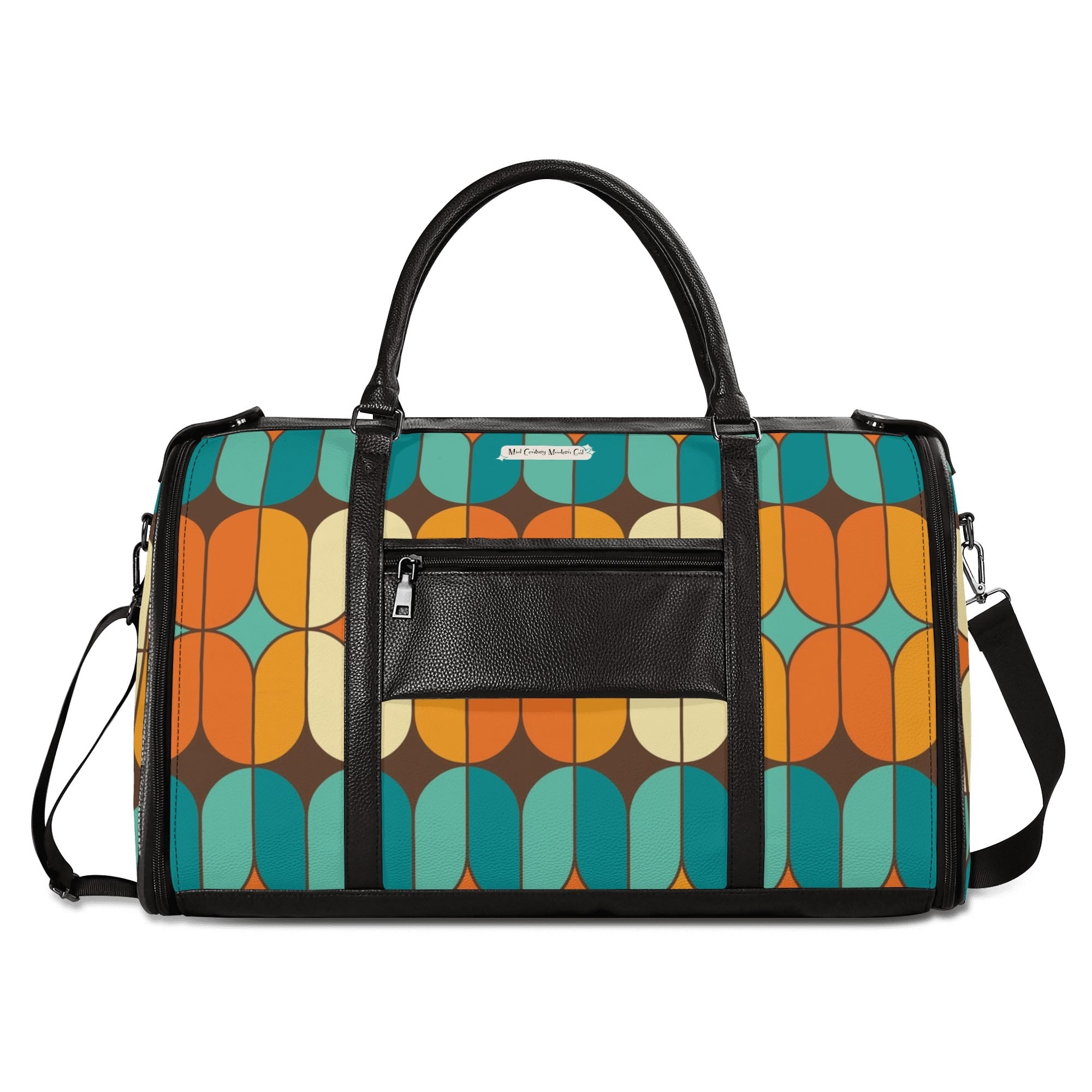 Atomic Kitschy Mod Boomerang Black Retro Cats, Orange, Teal Geometric Mod Designed Foldable Travel Duffle Bag - Mid Century Modern Gal