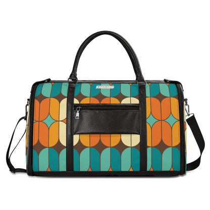 Atomic Kitschy Mod Boomerang Black Retro Cats, Orange, Teal Geometric Mod Designed Foldable Travel Duffle Bag - Mid Century Modern Gal