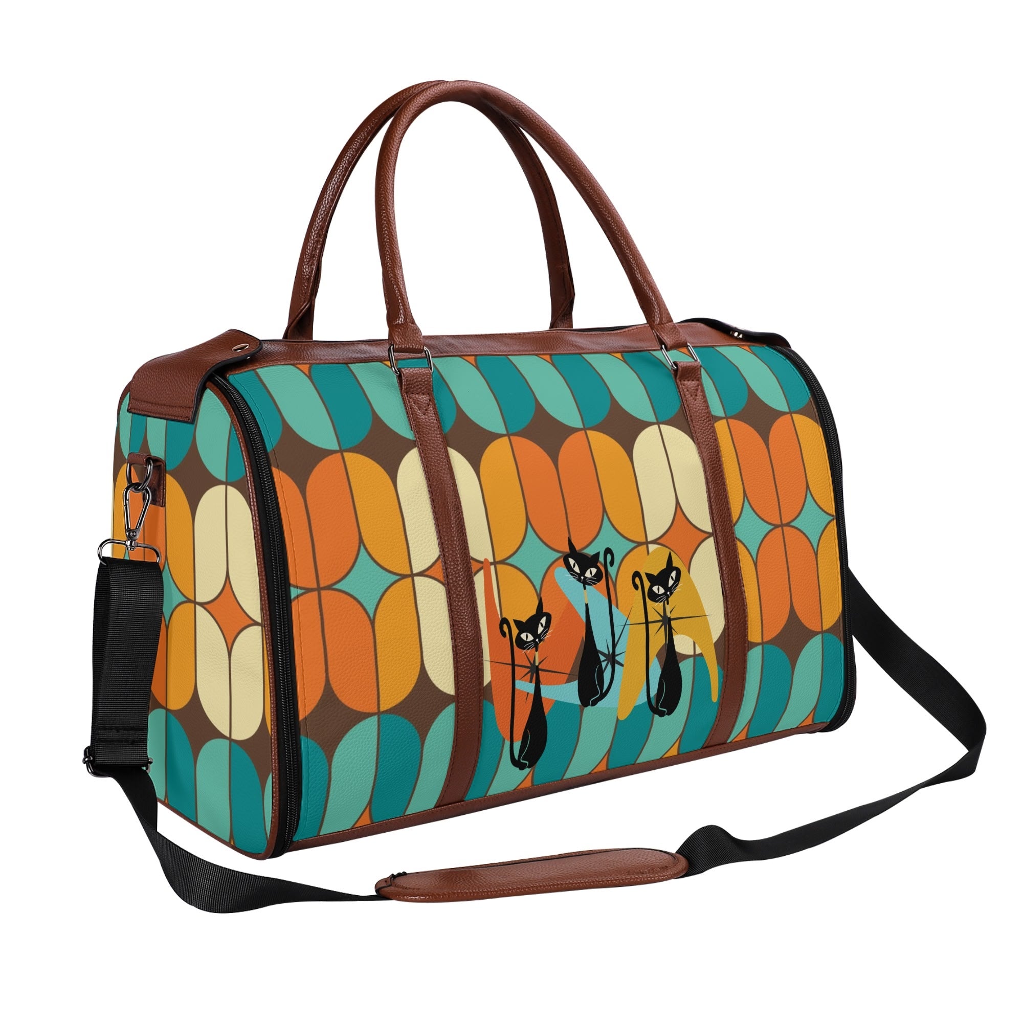 Atomic Kitschy Mod Boomerang Black Retro Cats, Orange, Teal Geometric Mod Designed Foldable Travel Duffle Bag - Mid Century Modern Gal