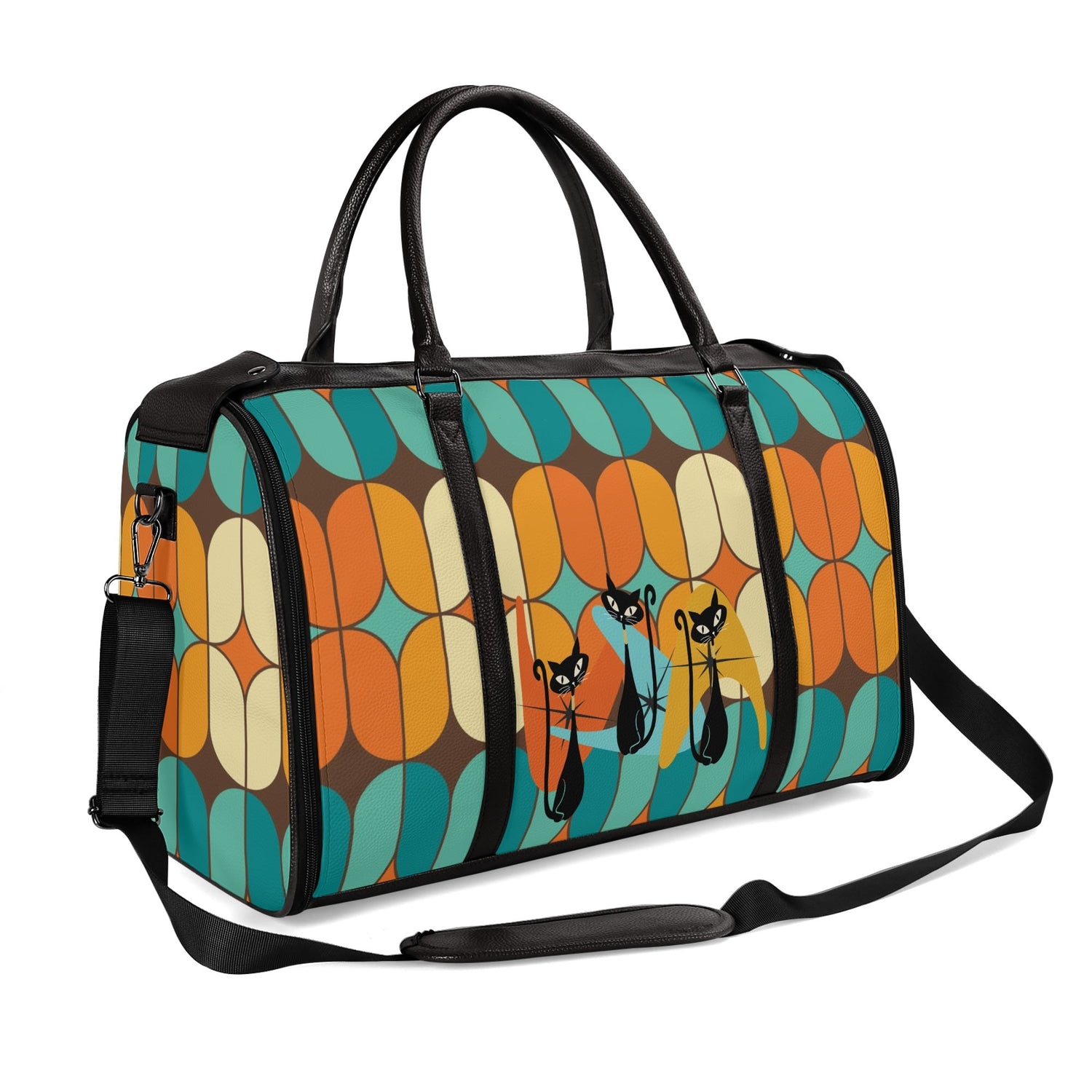 Atomic Kitschy Mod Boomerang Black Retro Cats, Orange, Teal Geometric Mod Designed Foldable Travel Duffle Bag - Mid Century Modern Gal