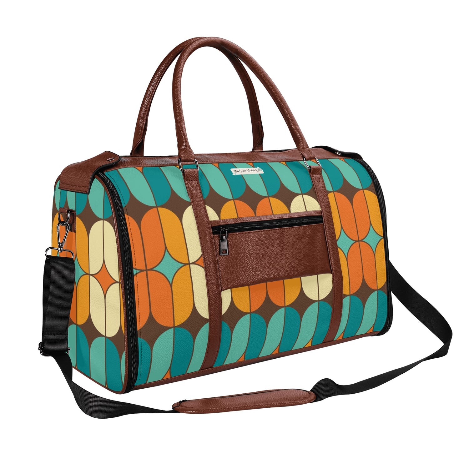Atomic Kitschy Mod Boomerang Black Retro Cats, Orange, Teal Geometric Mod Designed Foldable Travel Duffle Bag - Mid Century Modern Gal